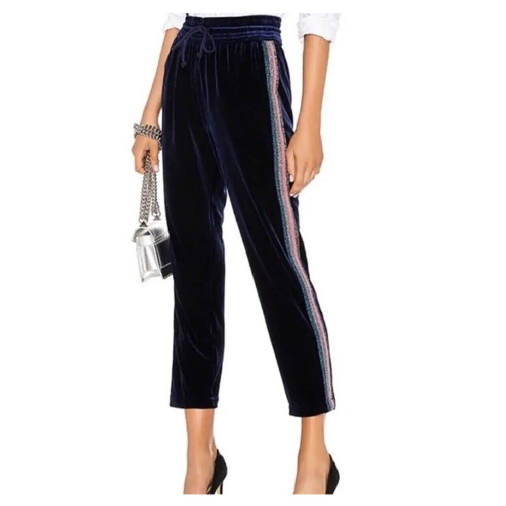 MOTHER Navy Velvet Cropped Track Pants with Pink & Light Blue Side Stripes